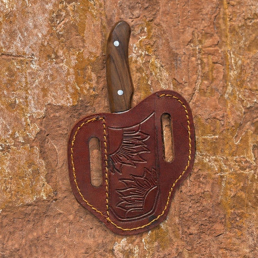 The Shockwave EDC — Hand-Forged Everyday Carry Knife with Vibrant Hardwood Handle and Hand-Tooled Leather Pancake Sheath