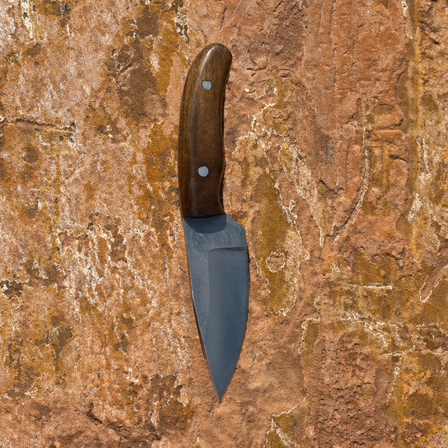The Shockwave EDC — Hand-Forged Everyday Carry Knife with Vibrant Hardwood Handle and Hand-Tooled Leather Pancake Sheath