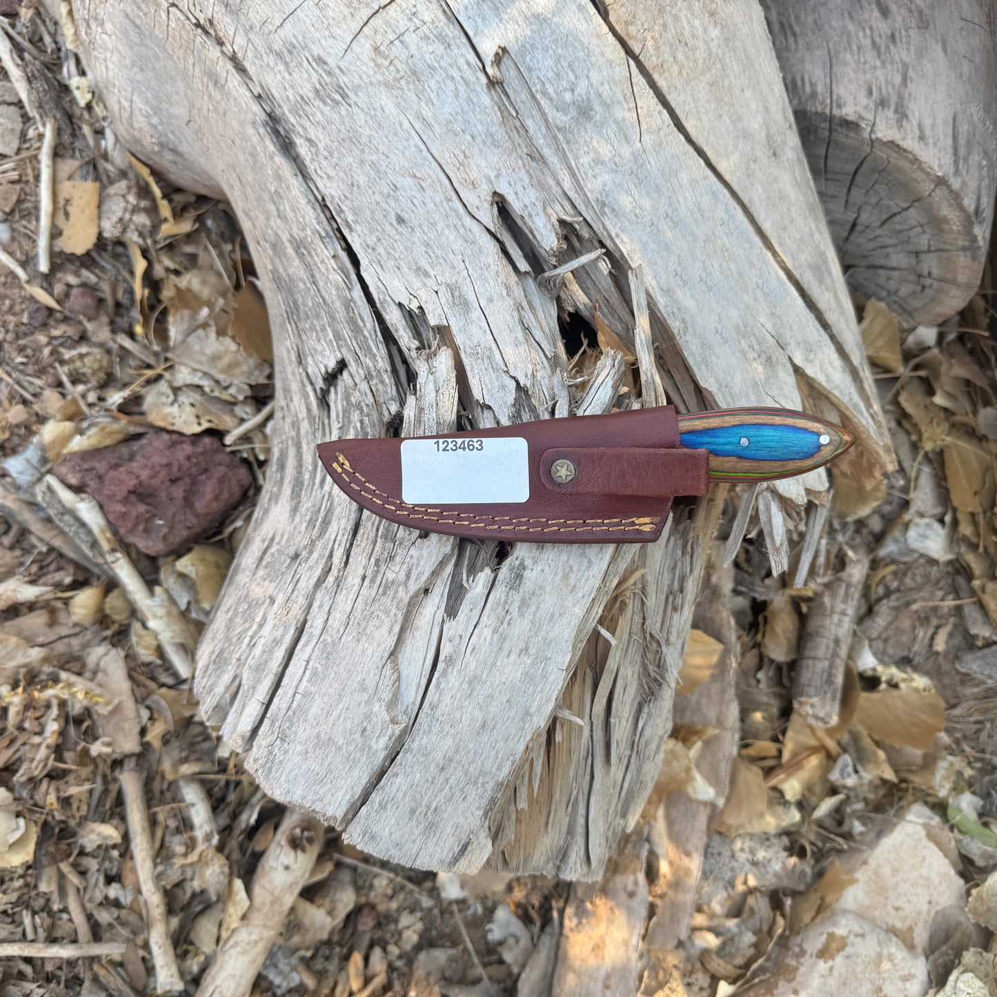 Blaze Creek Bowie knife with multi-tone wood handle
Full-tang clip-point blade displayed on leather sheath
Close-up of blue, green, and reddish handle grain
Bowie knife shown on natural wood surface
Blaze Creek knife and hand-stitched sheath arranged together
Outdoor Bowie knife in natural lighting
Blue Spade Forge Blaze Creek held in hand for scale
Clip-point blade and multi-tone handle product display