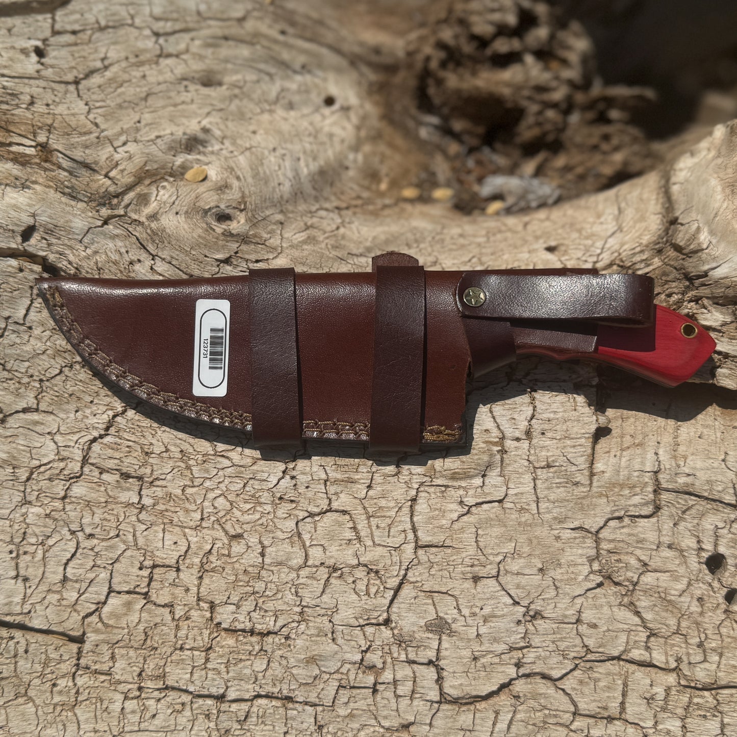 Crimson Tracker – Hand-Forged Survival Knife with Red Wood Handle & Custom Leather Sheath