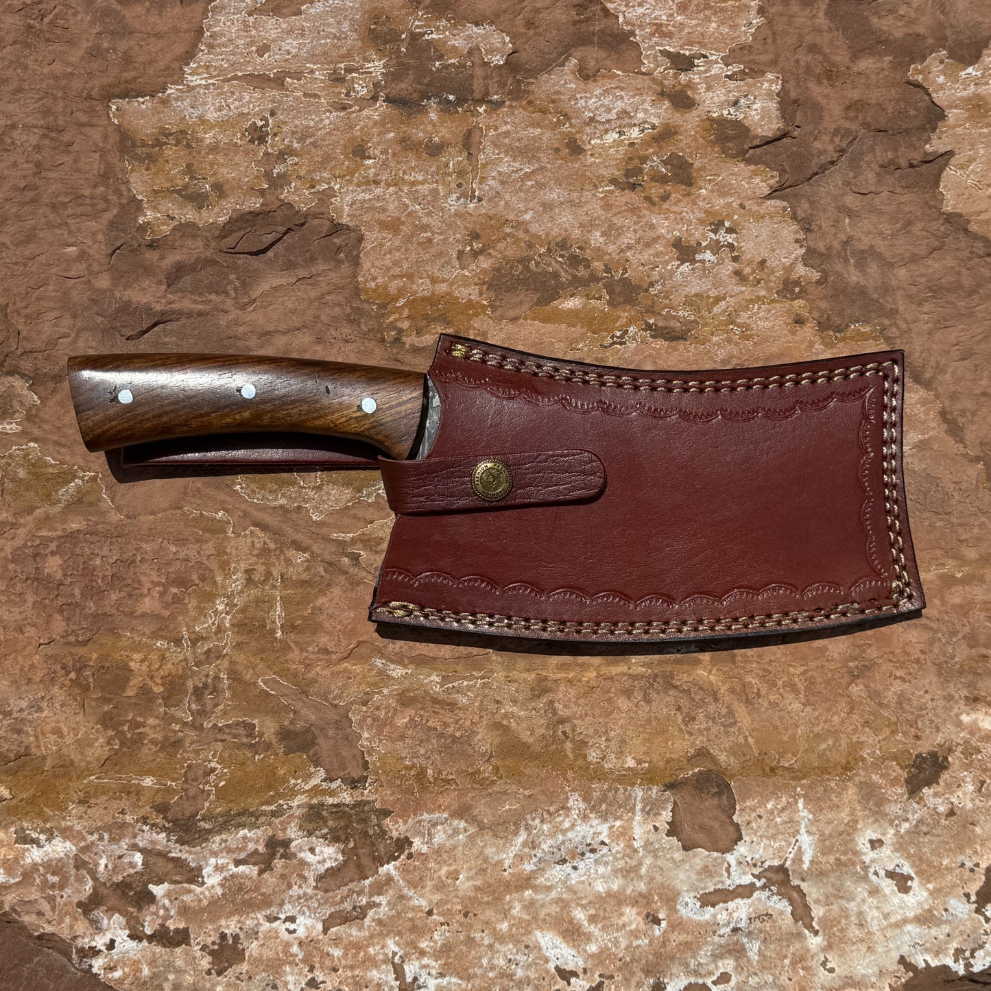 Ironwood Cleaver Damascus cleaver with genuine leather sheath for home kitchen and outdoor cooking