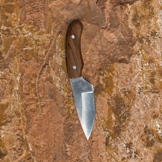 The Shockwave EDC — Hand-Forged Everyday Carry Knife with Vibrant Hardwood Handle and Hand-Tooled Leather Pancake Sheath