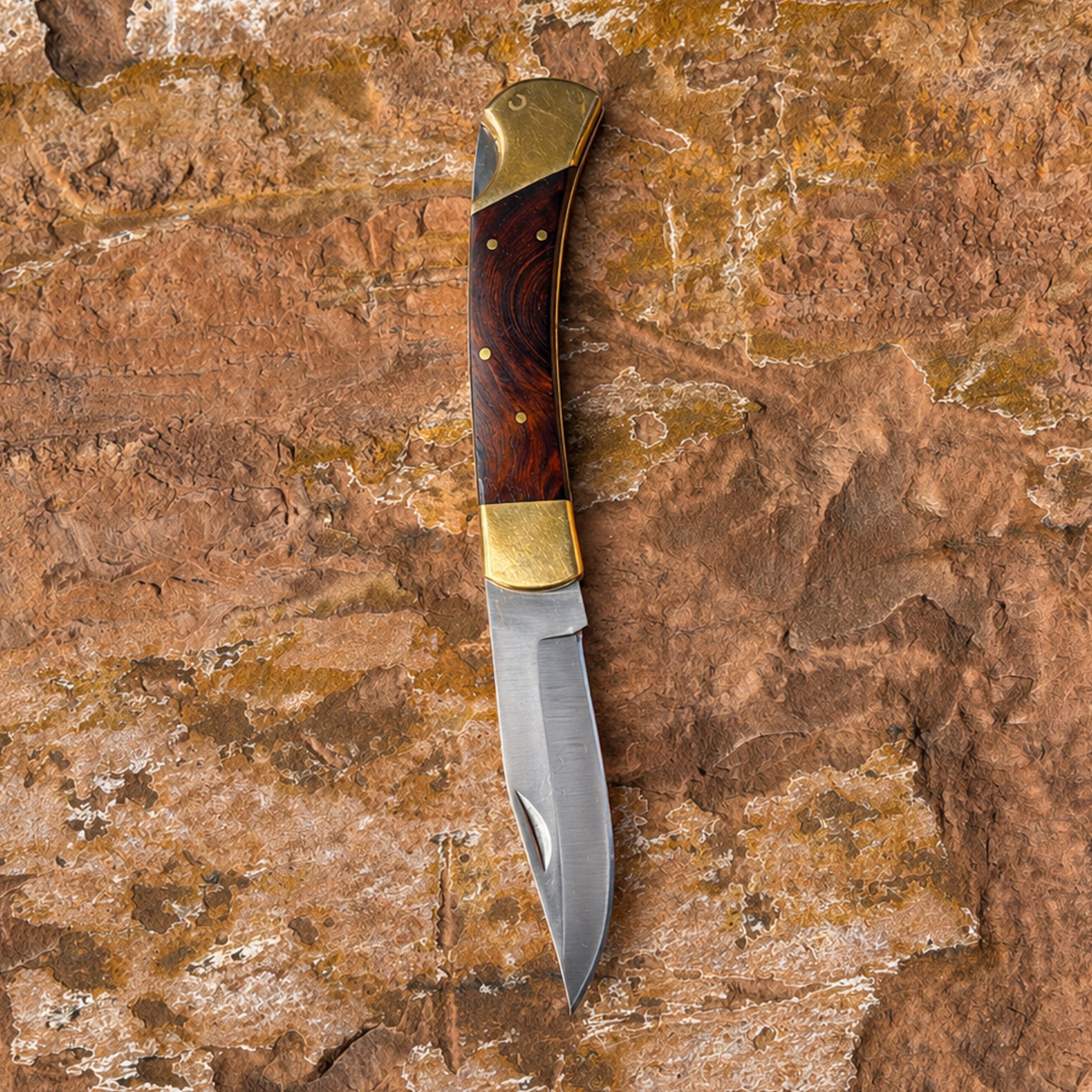 Ironclad Rose Folder folding knife with rosewood handle and brass bolsters on rock background