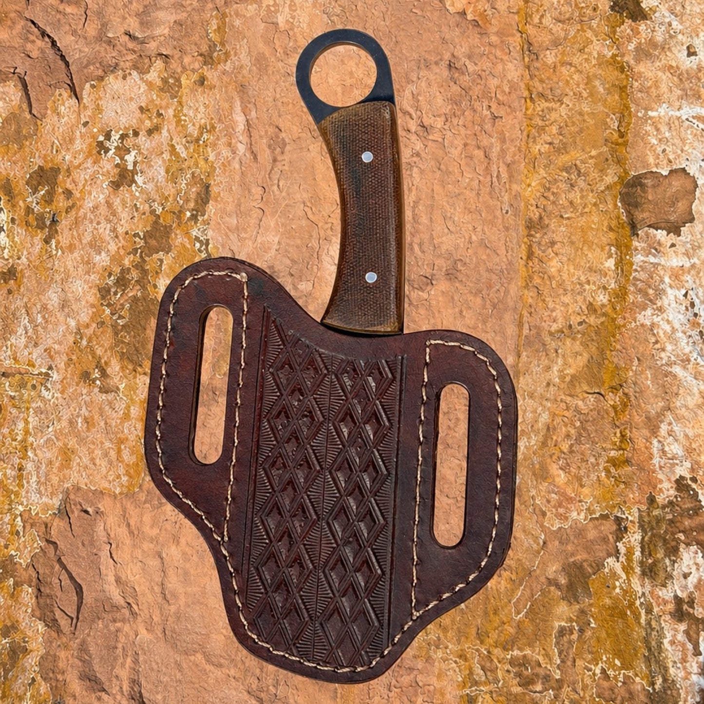 The Raptor Series — Full-Tang Ring-Handled Drop-Point EDC Knife with Custom Double-Stitched Leather Sheath