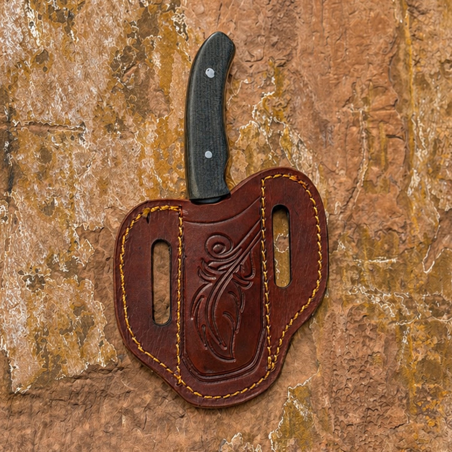 The Shockwave EDC — Hand-Forged Everyday Carry Knife with Vibrant Hardwood Handle and Hand-Tooled Leather Pancake Sheath