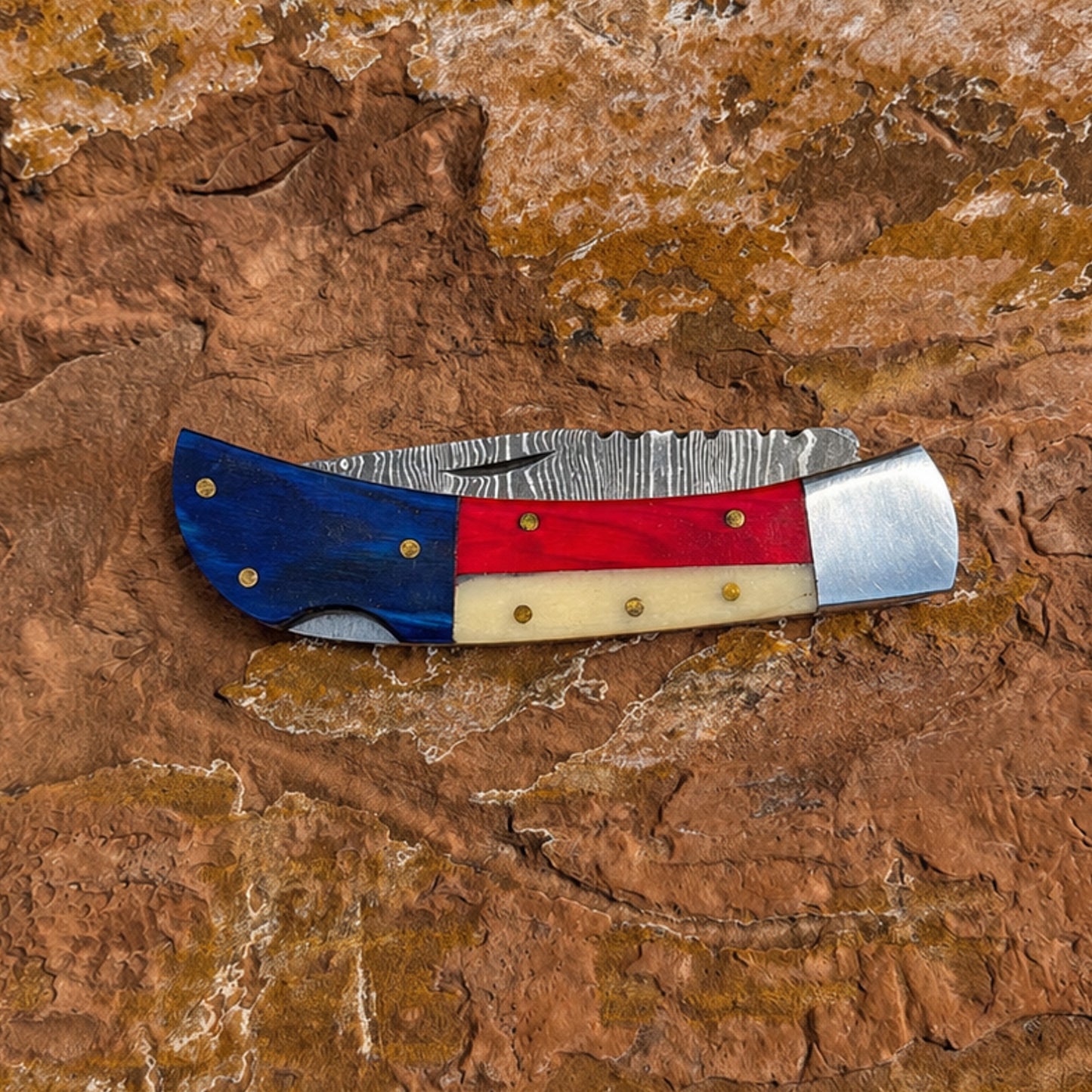 Liberty Fang Folder Damascus Folding Knife  Patriotic EDC Pocket Knife | Blue Spade Forge
