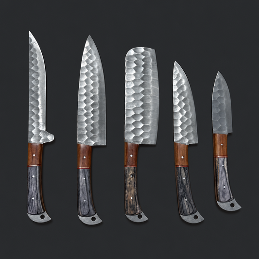 Silver Ridge Damascus 5-Piece Kitchen Knife Set with Leather Knife Roll | Hand-Forged Chef Knives | Blue Spade Forge