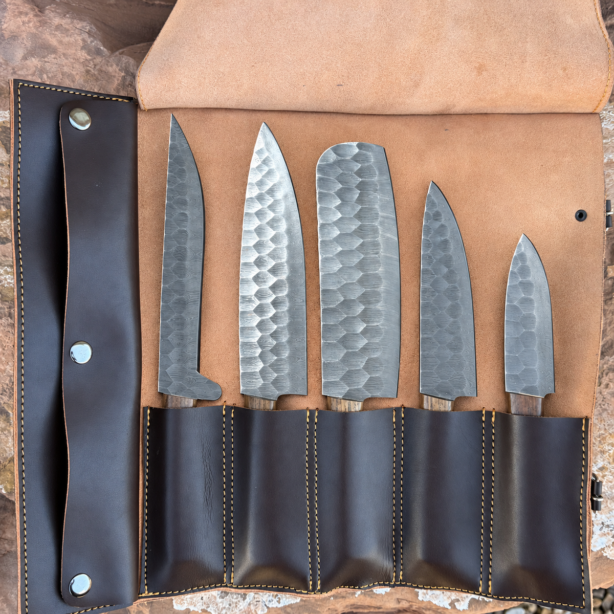 Silver Ridge Damascus 5-Piece Kitchen Knife Set with Leather Knife Roll | Hand-Forged Chef Knives | Blue Spade Forge