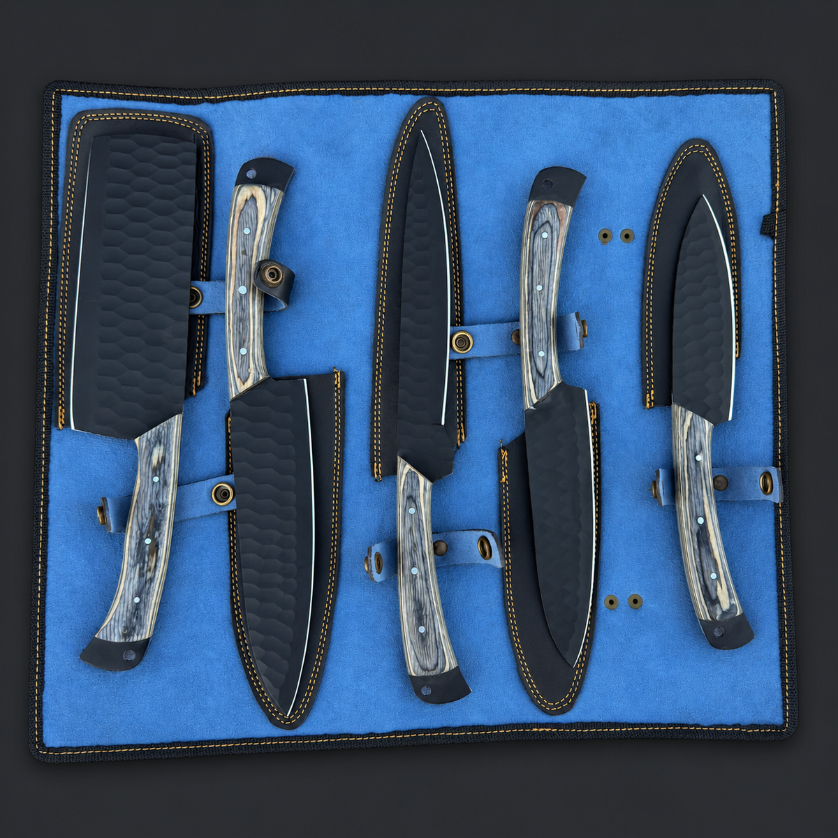 Ironwood Legacy 5-Piece Hand-Forged Chef Knife Set with Premium Leather Knife Roll | Blue Spade Forge