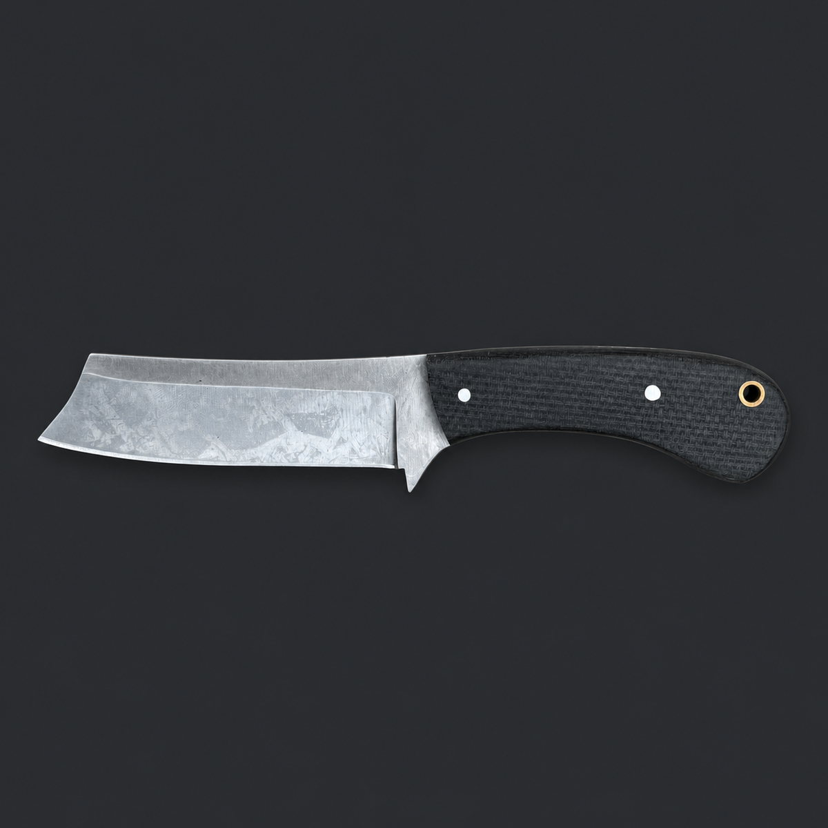 A fixed-blade knife with a textured steel blade and a black textured handle, shown horizontally against a dark gray background.