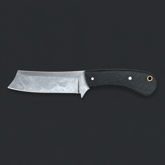 A fixed-blade knife with a textured steel blade and a black textured handle, shown horizontally against a dark gray background.