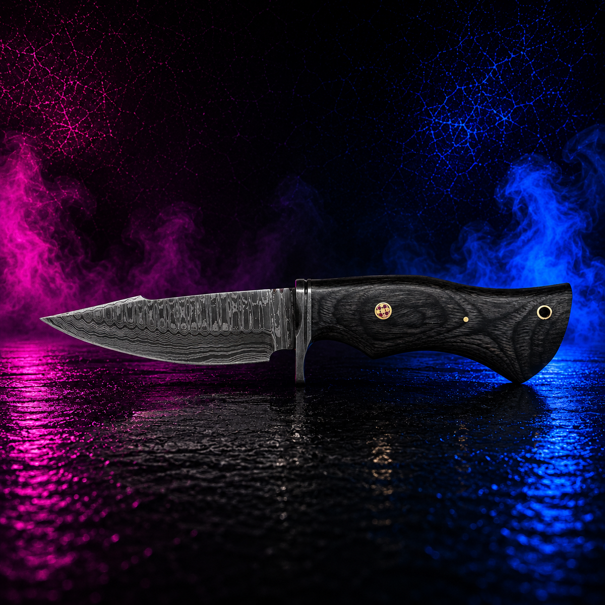 Blue Spade Forge Backwood Hunter Scout hand-forged Damascus hunting knife with hardwood handle, drop-point blade, and premium leather sheath