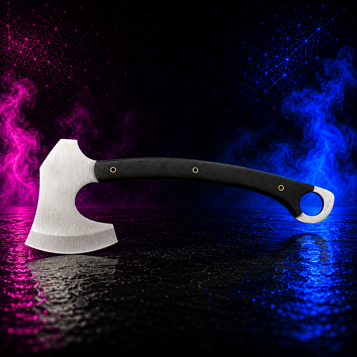 Blue Spade Forge Timberwolf Tactical Axe with full-tang construction, black Micarta handle, and premium field hatchet design