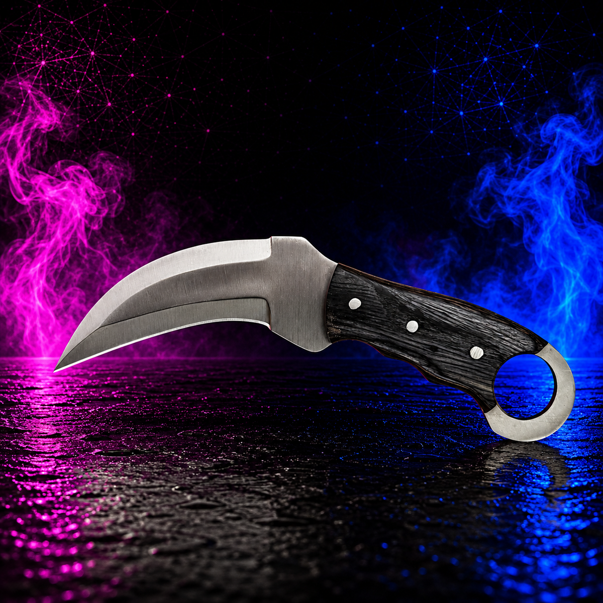 Blue Spade Forge Venomstrike Karambit with hand-forged high-carbon hawkbill blade, hardwood handle, retention ring, and custom Kydex sheath.