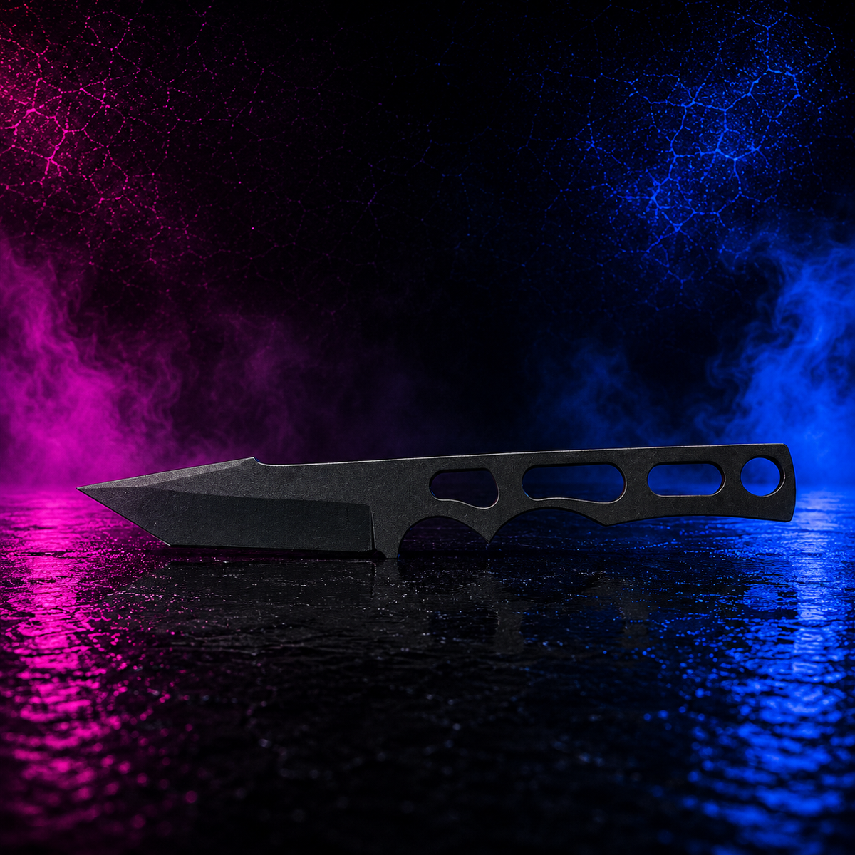 Blue Spade Forge Blackout Skeleton Tanto fixed blade with black powder-coated high-carbon steel tanto blade and skeletonized handle