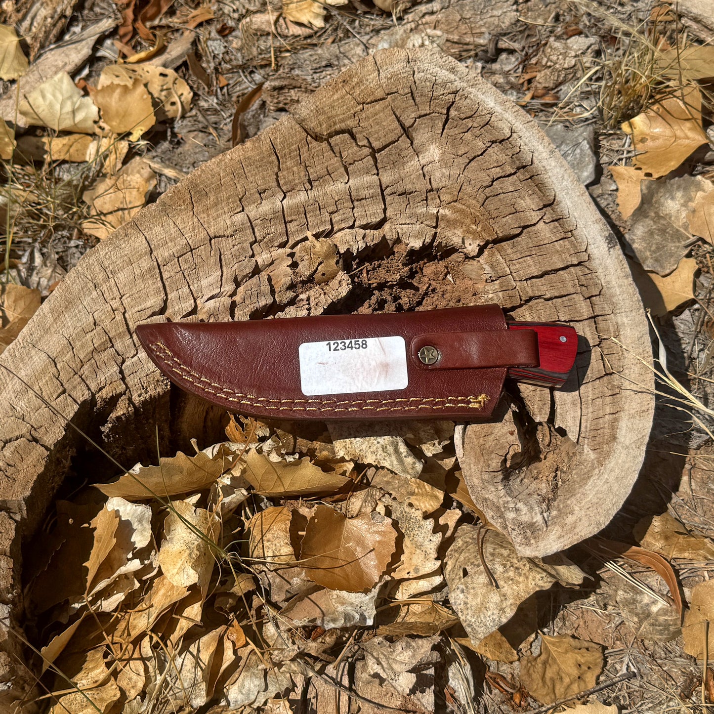 Crimson Forge Field Knife – Satin Blade with Red Wood Handle and Leather Sheath