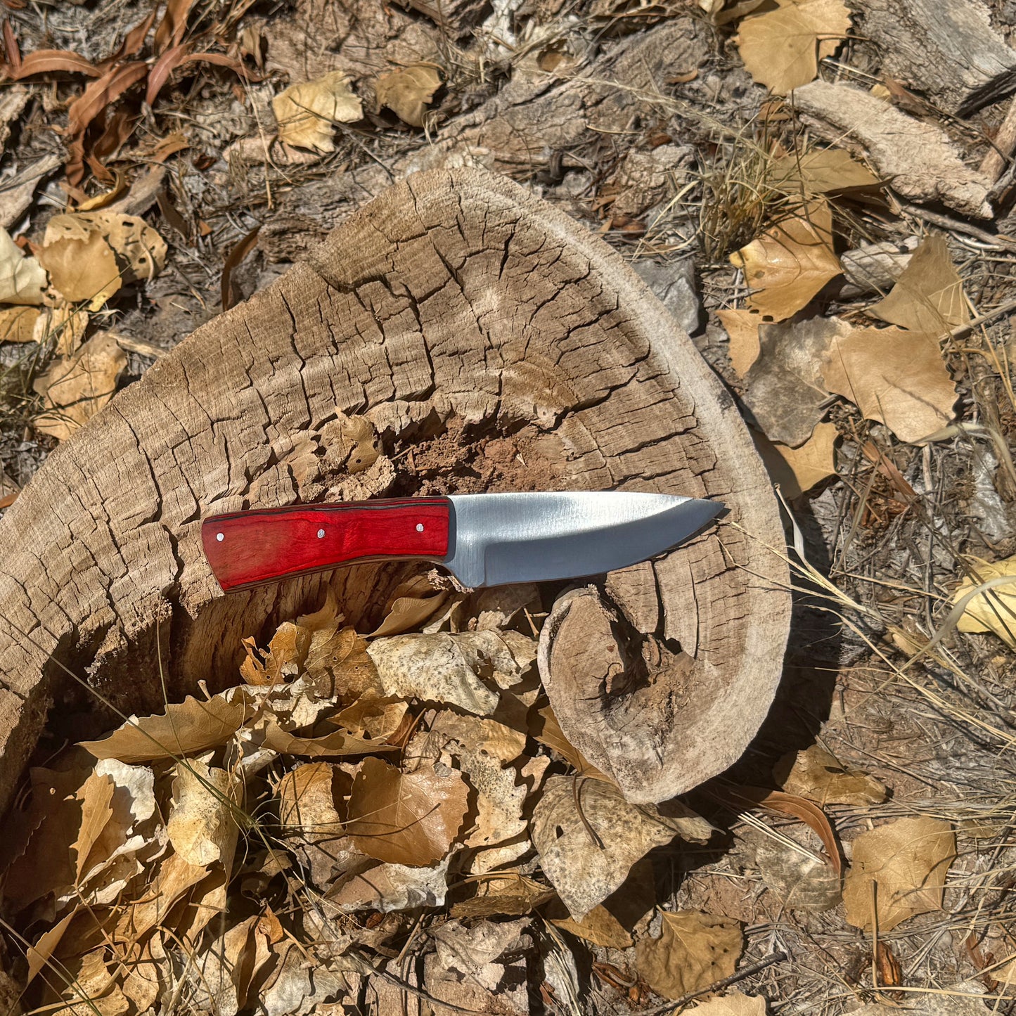 Crimson Forge Field Knife – Satin Blade with Red Wood Handle and Leather Sheath