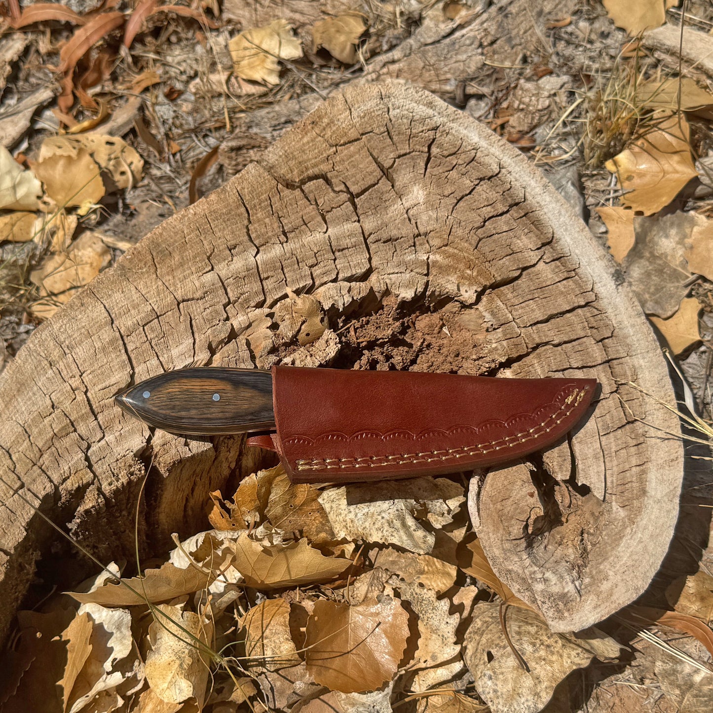 Midnight Timber Knife – Dark Wood Handle with Leather Sheath