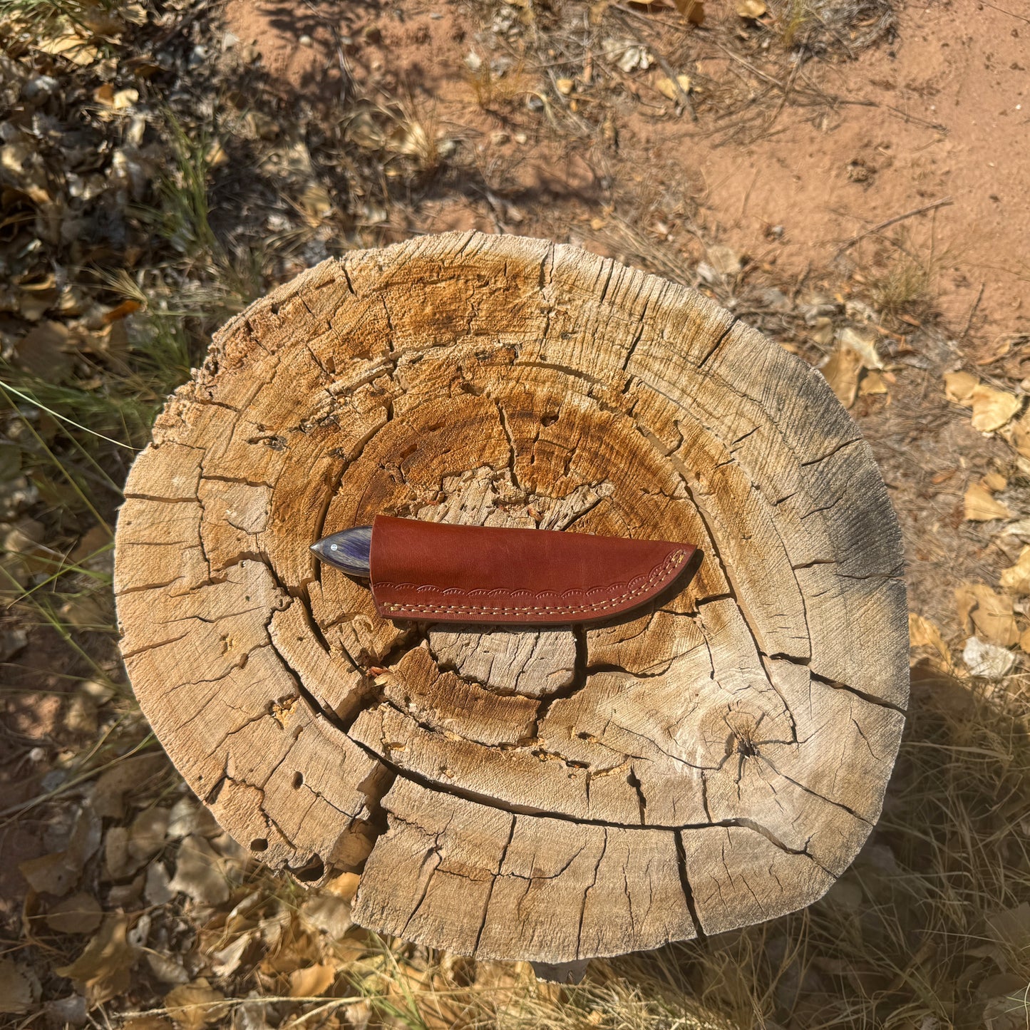 The Nightwood Hunter – Fixed Blade Knife with Dyed Wood Handle & Leather Sheath