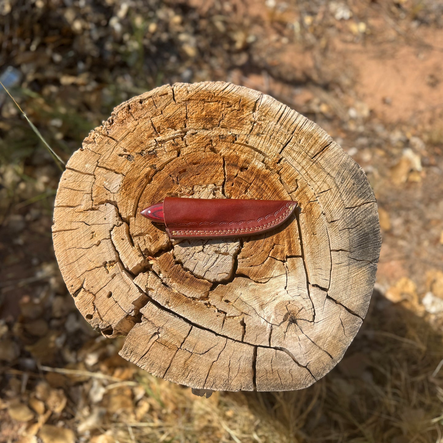 The Crimson Trail – Fixed Blade Outdoor Knife with Red Wood Handle & Leather Sheath