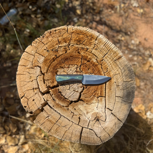 Ironwood Ridge Fixed Blade Knife – Blue-Streaked Wood Handle with Leather Sheath