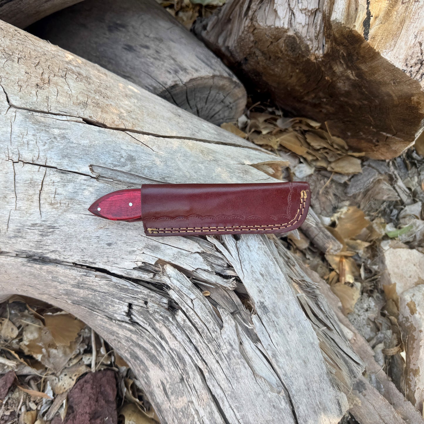 The Scarlet Chop - Compact Cleaver Knife with Red Dyed Wood Handle & Leather Sheath