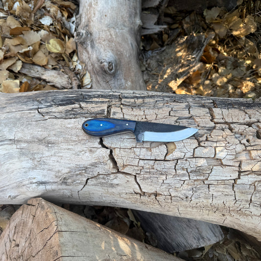 The Blue Rasp – Hand-Forged Rasp Knife with Dyed Wood Handle & Leather Sheath