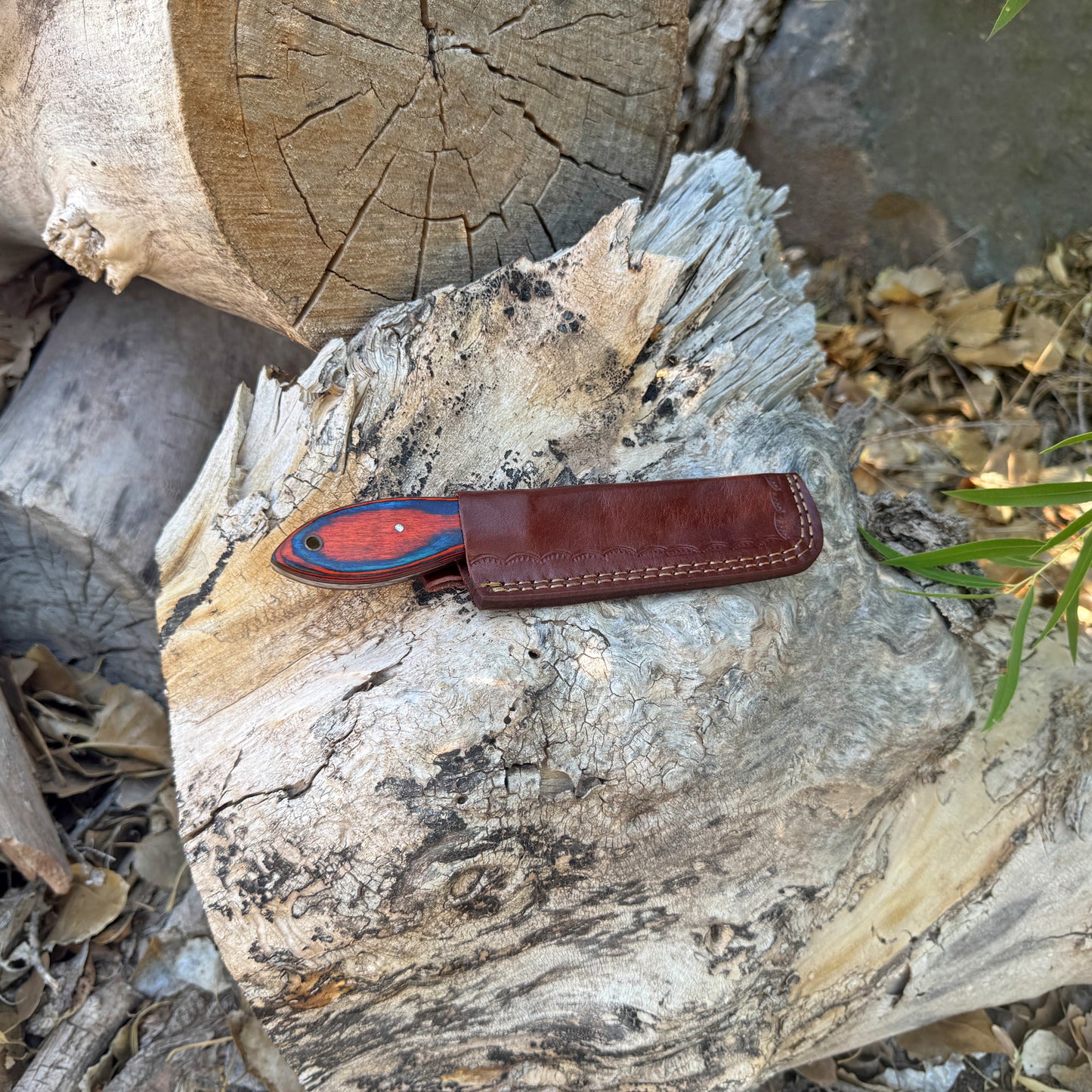 Red Ember Rasp Cleaver – Wood Handle with Textured Blade and Leather Sheath