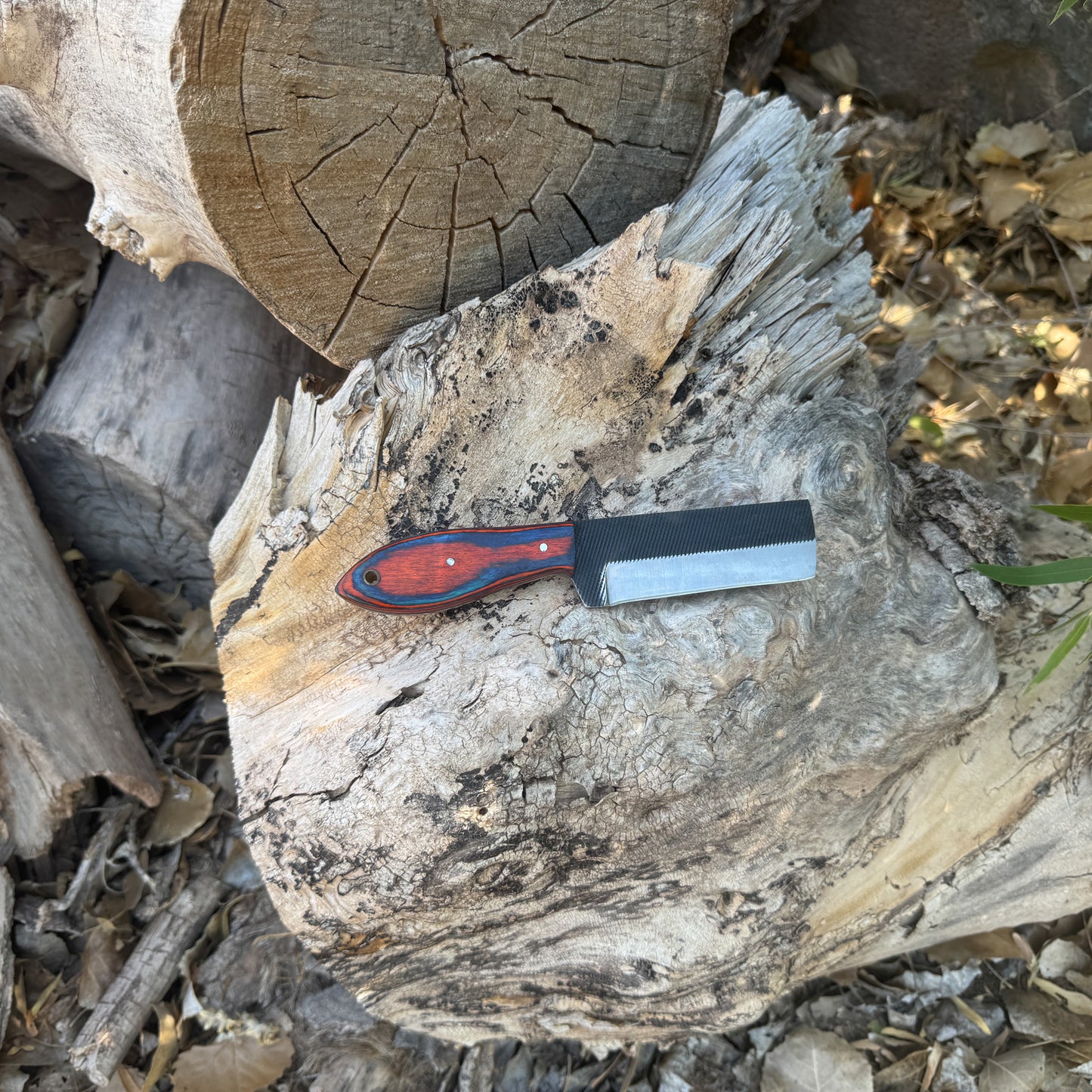 Red Ember Rasp Cleaver – Wood Handle with Textured Blade and Leather Sheath