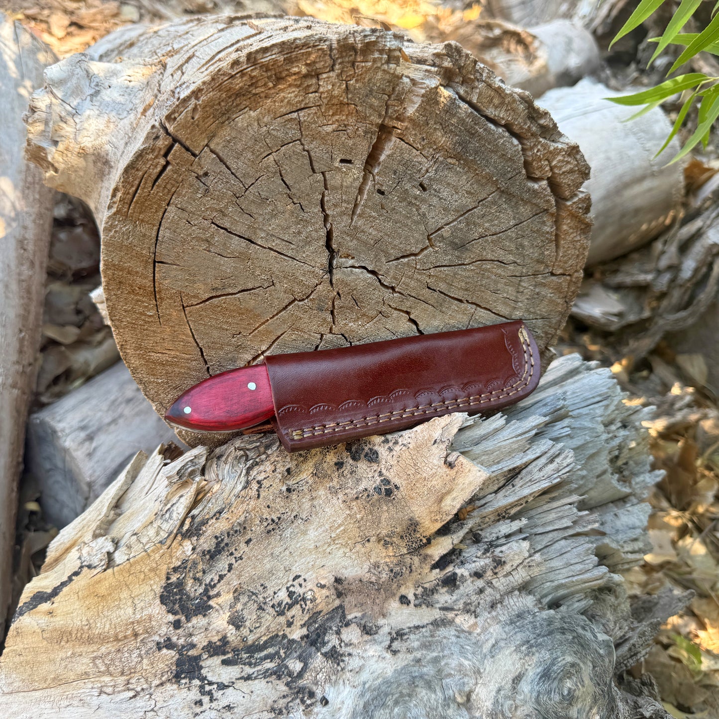 Crimson Cleaver – Full Tang Utility Knife with Red Wood Handle and Leather Sheath
