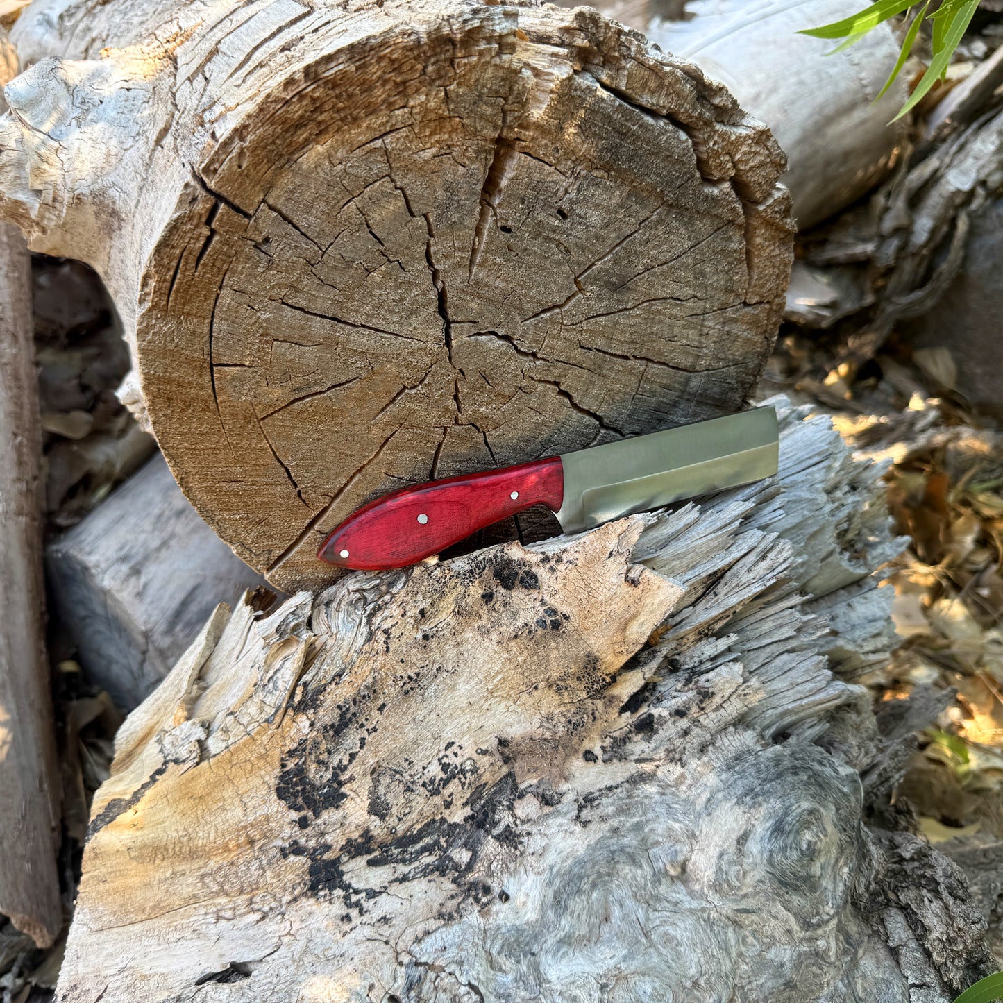 Crimson Cleaver – Full Tang Utility Knife with Red Wood Handle and Leather Sheath