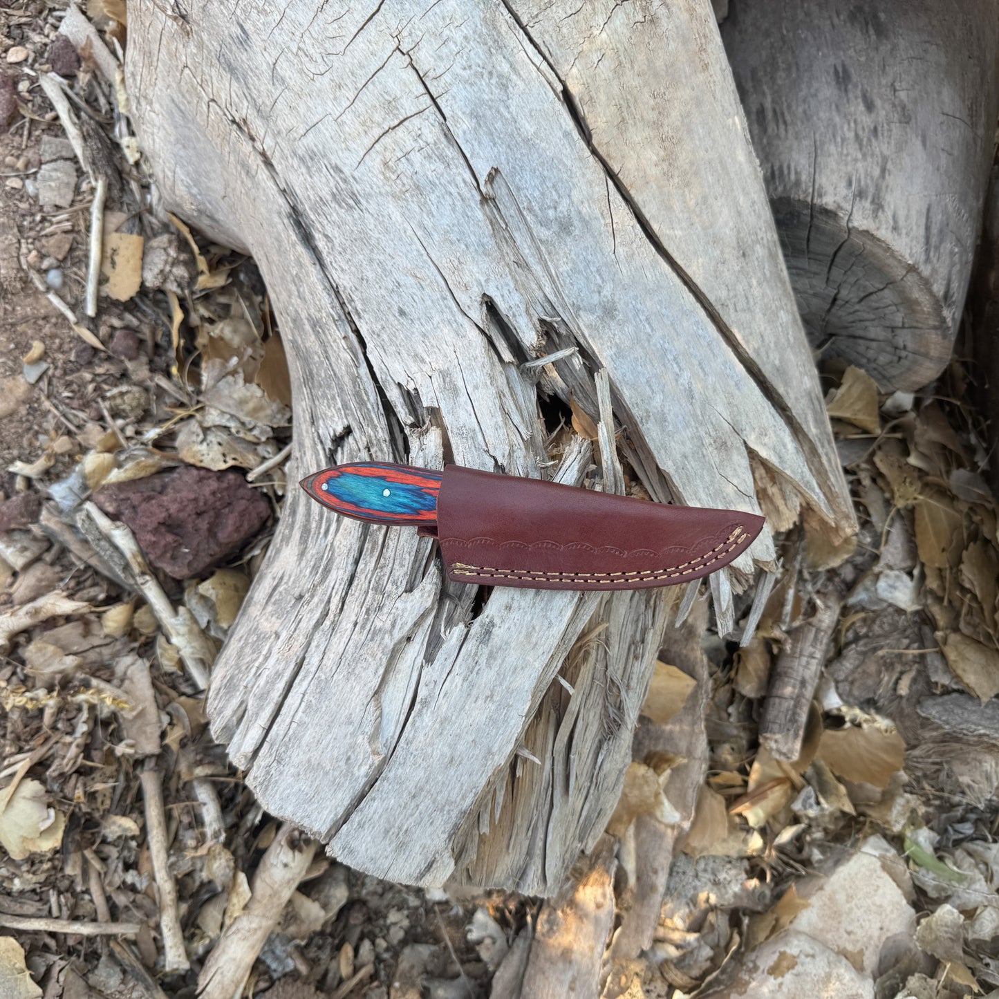 Blaze Creek Bowie knife with multi-tone wood handle

Full-tang clip-point blade displayed on leather sheath

Close-up of blue, green, and reddish handle grain

Bowie knife shown on natural wood surface

Blaze Creek knife and hand-stitched sheath arranged together

Outdoor Bowie knife in natural lighting

Blue Spade Forge Blaze Creek held in hand for scale

Clip-point blade and multi-tone handle product display