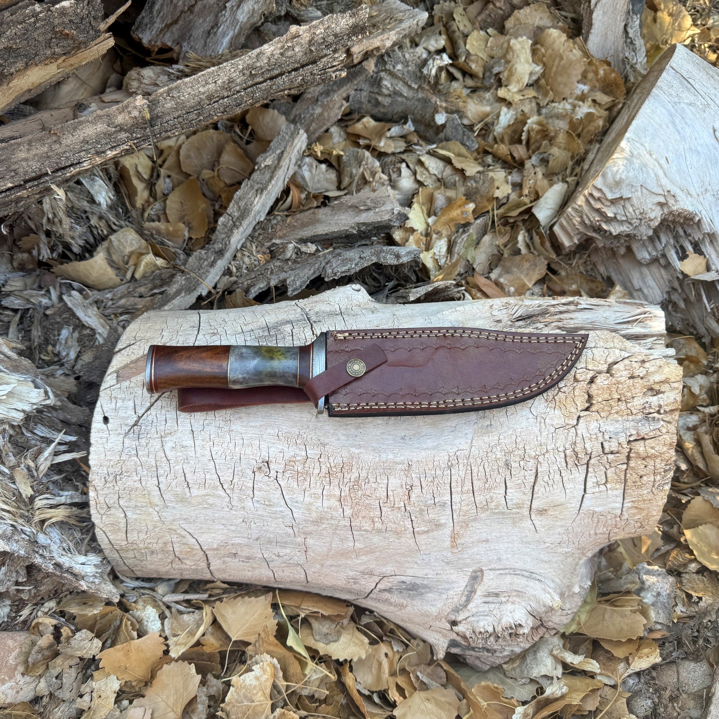 The Frontier Hand-Forged Damascus Bowie Knife with Horn & Hardwood Handle