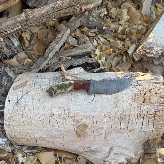 The Outlander Hand-Forged Damascus Tracker with Horn & Hardwood Handle