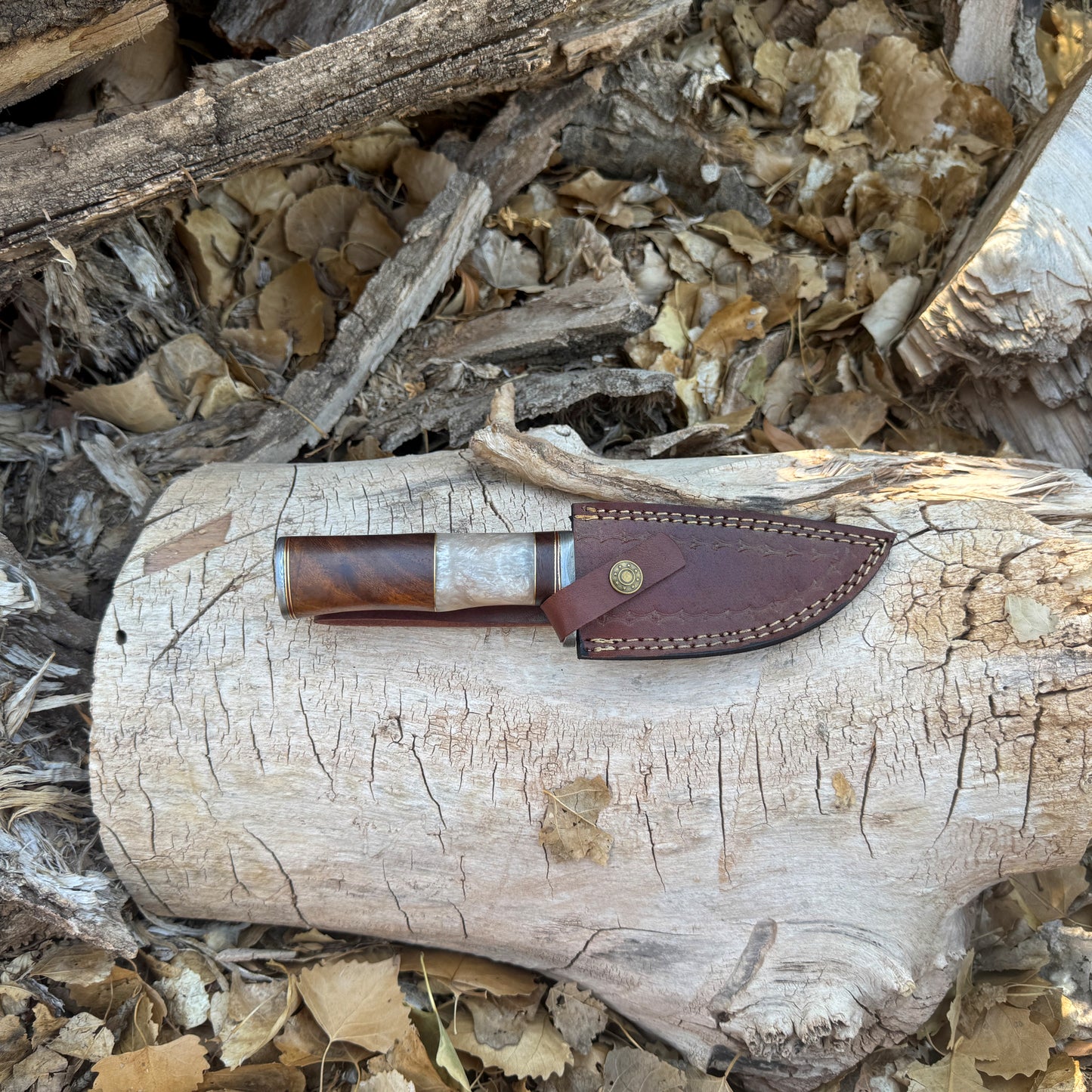 Ironwood Falcon Hand-Forged Damascus Skinner with Stabilized Wood & Buffalo Horn Handle