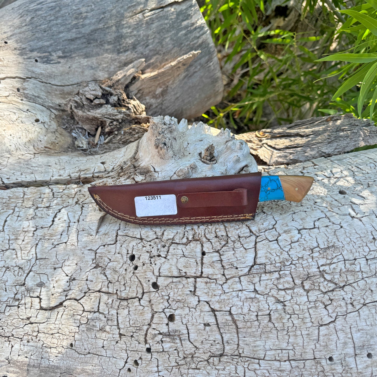 The Canyon Edge Damascus Utility Knife with Turquoise and Wood Handle