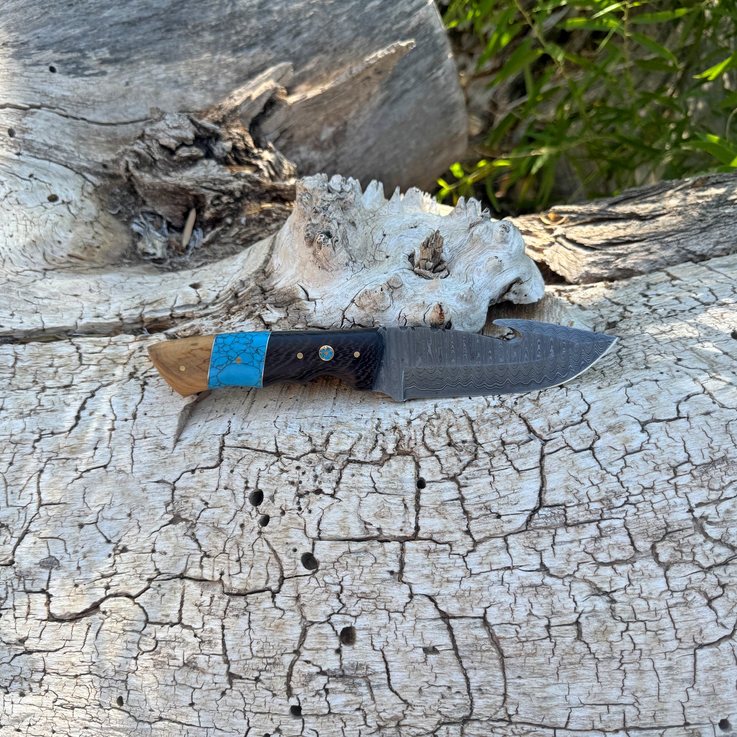 The Canyon Edge Damascus Utility Knife with Turquoise and Wood Handle