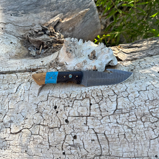 The Canyon Edge Damascus Utility Knife with Turquoise and Wood Handle