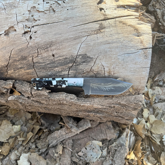 The Feather Fang Custom Feather Damascus Tanto with Resin Art Handle