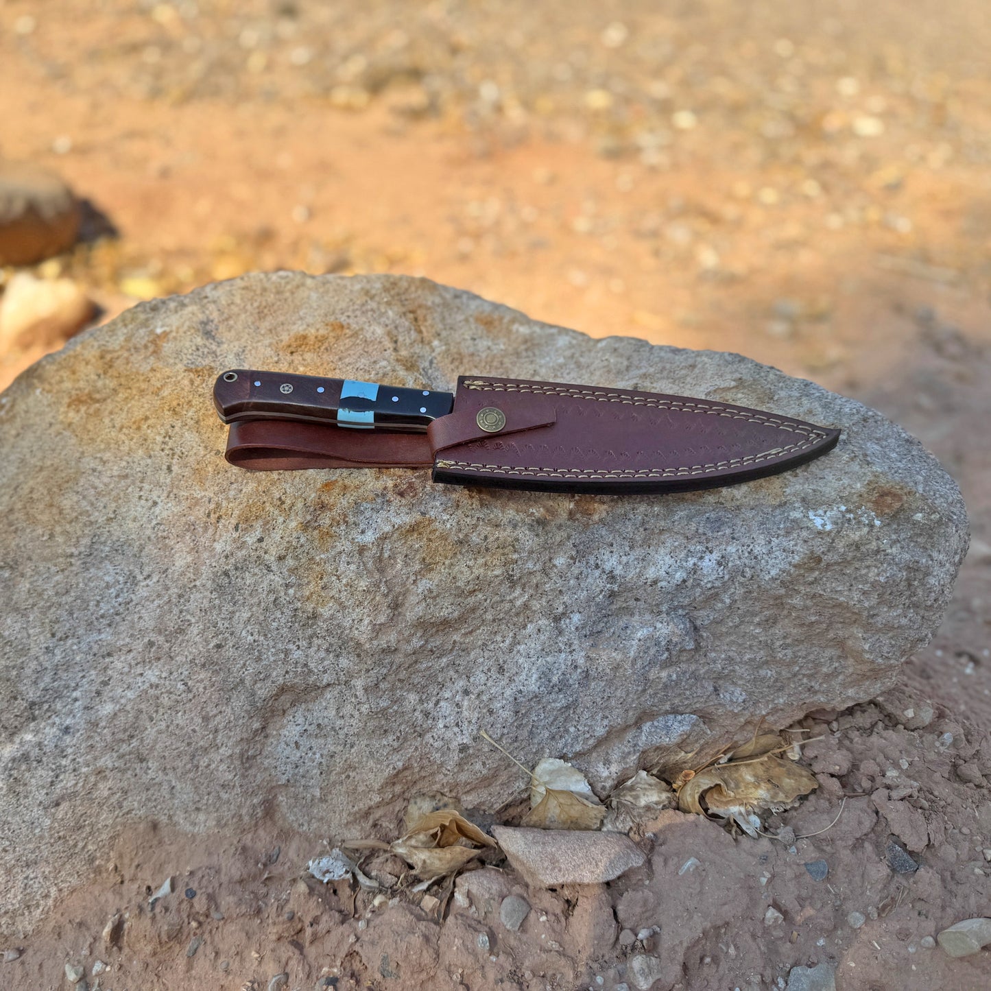 Mesa Carver Hand-Forged Damascus Chef’s Knife with Turquoise Inlay