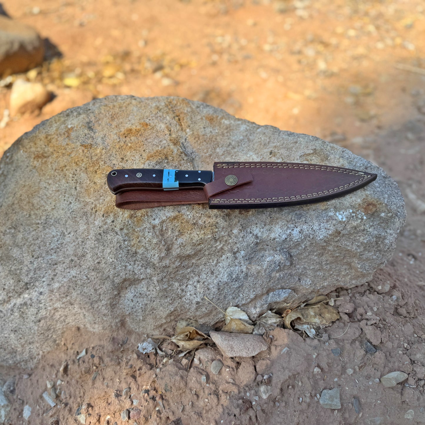 Sierra Carver Hand-Forged Damascus Chef’s Knife with Turquoise Inlay