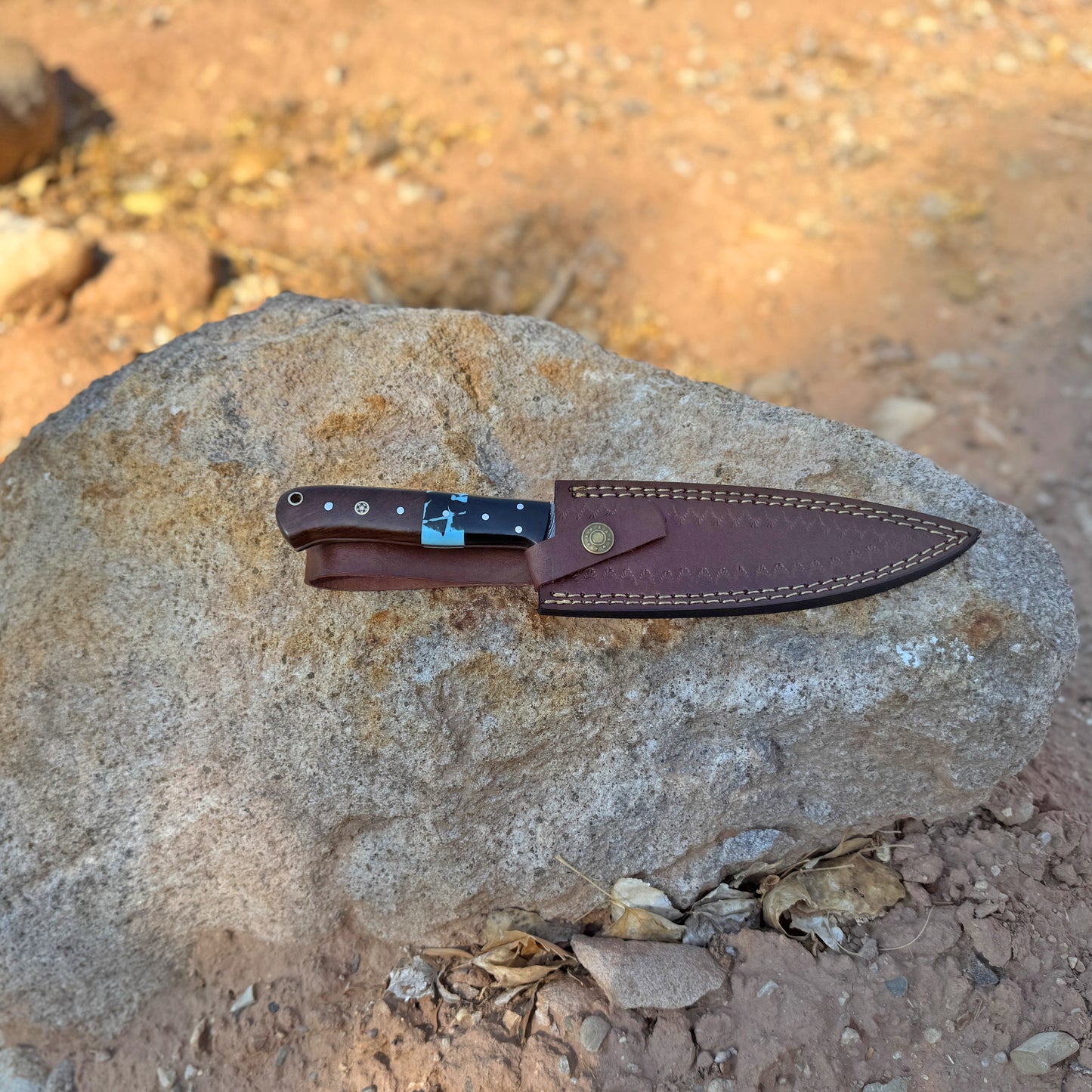 Desert Mirage Hand-Forged Damascus Chef's Knife with Turquoise Inlay