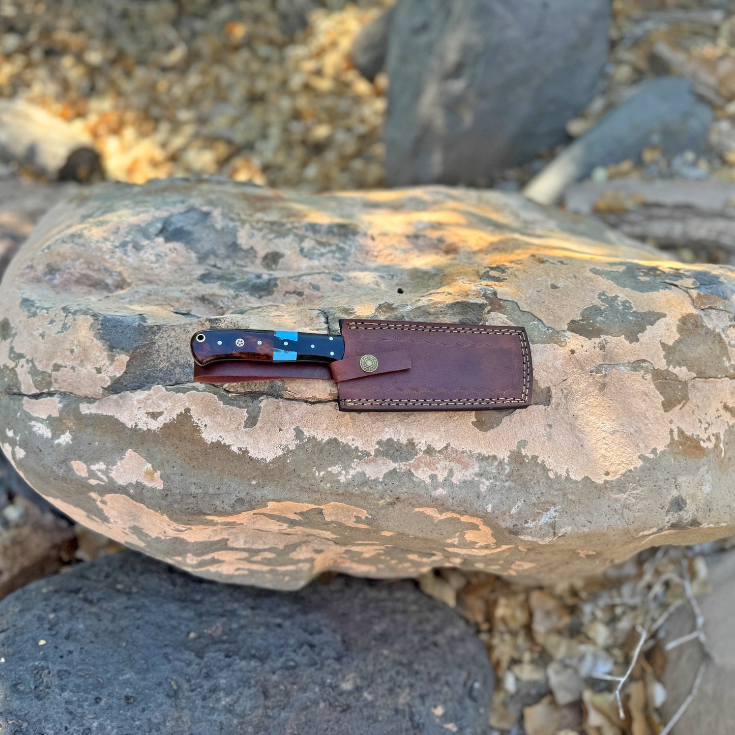 The Glacier Cleaver Hand-Forged Damascus Cleaver with Hybrid Wood & Resin Handle