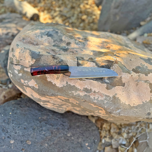 The Ember Feather Hand-Forged Feather Etched Nakiri Chef Knife with Resin Handle