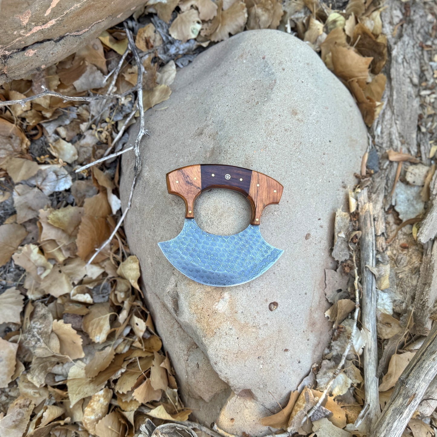 The Skinner’s Crescent Hand-Forged Damascus Ulu Knife with Dual-Tone Hardwood Handle