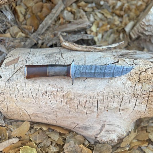 Ironwood Sentinel Hand-Forged Damascus Bowie Knife with Horn & Damascus Guard