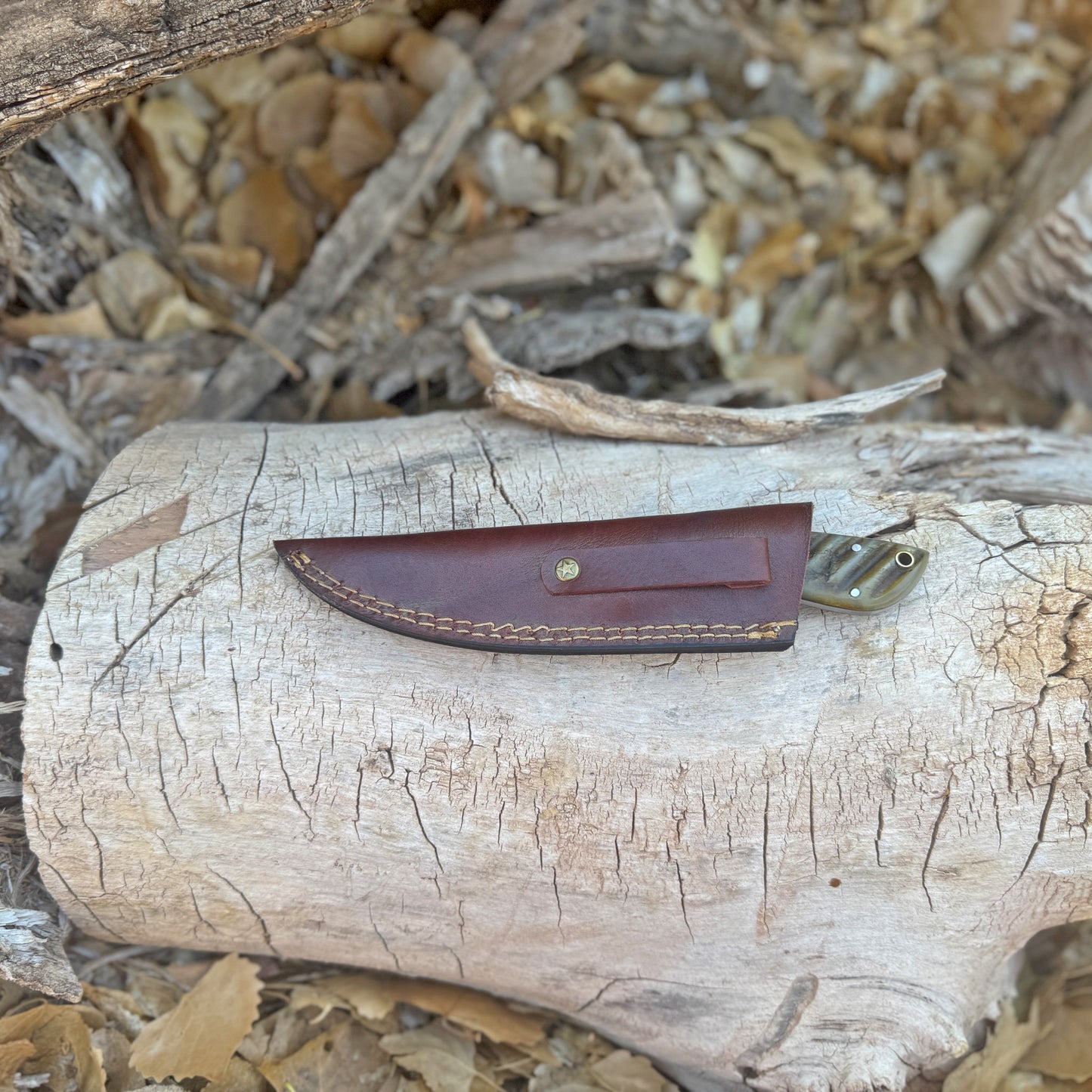 The Woodland Edge Damascus Hunting & Bushcraft Knife with Resin Wood Handle