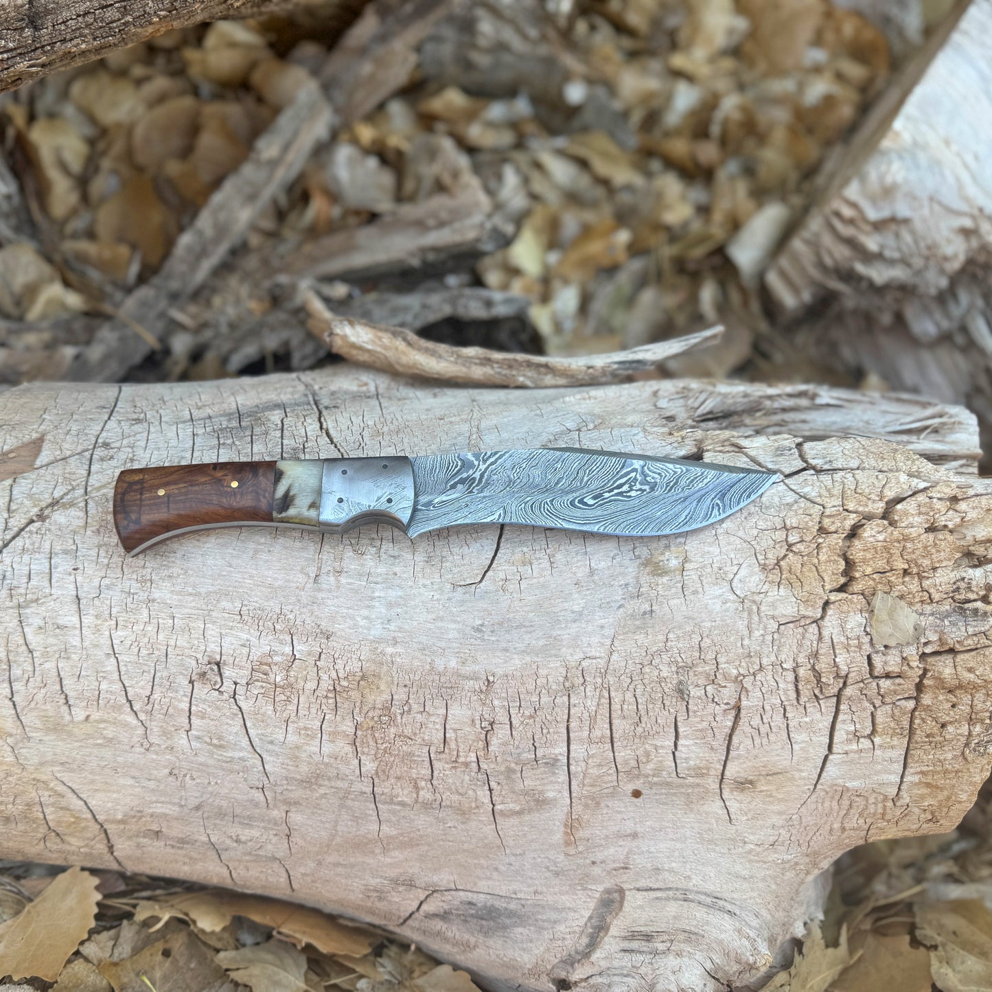 The Nomad Hand-Forged Damascus Camp Knife with Horn & Hardwood Handle