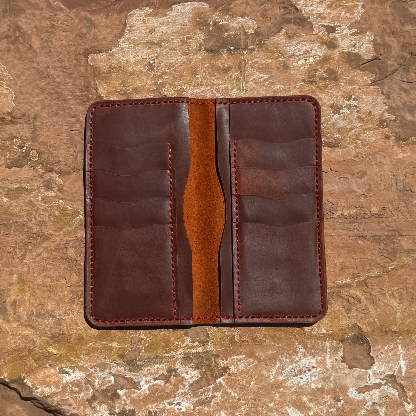 The Trailblazer Hand-Stitched Crimson Leather Bifold Wallet with Red Accent Stitching