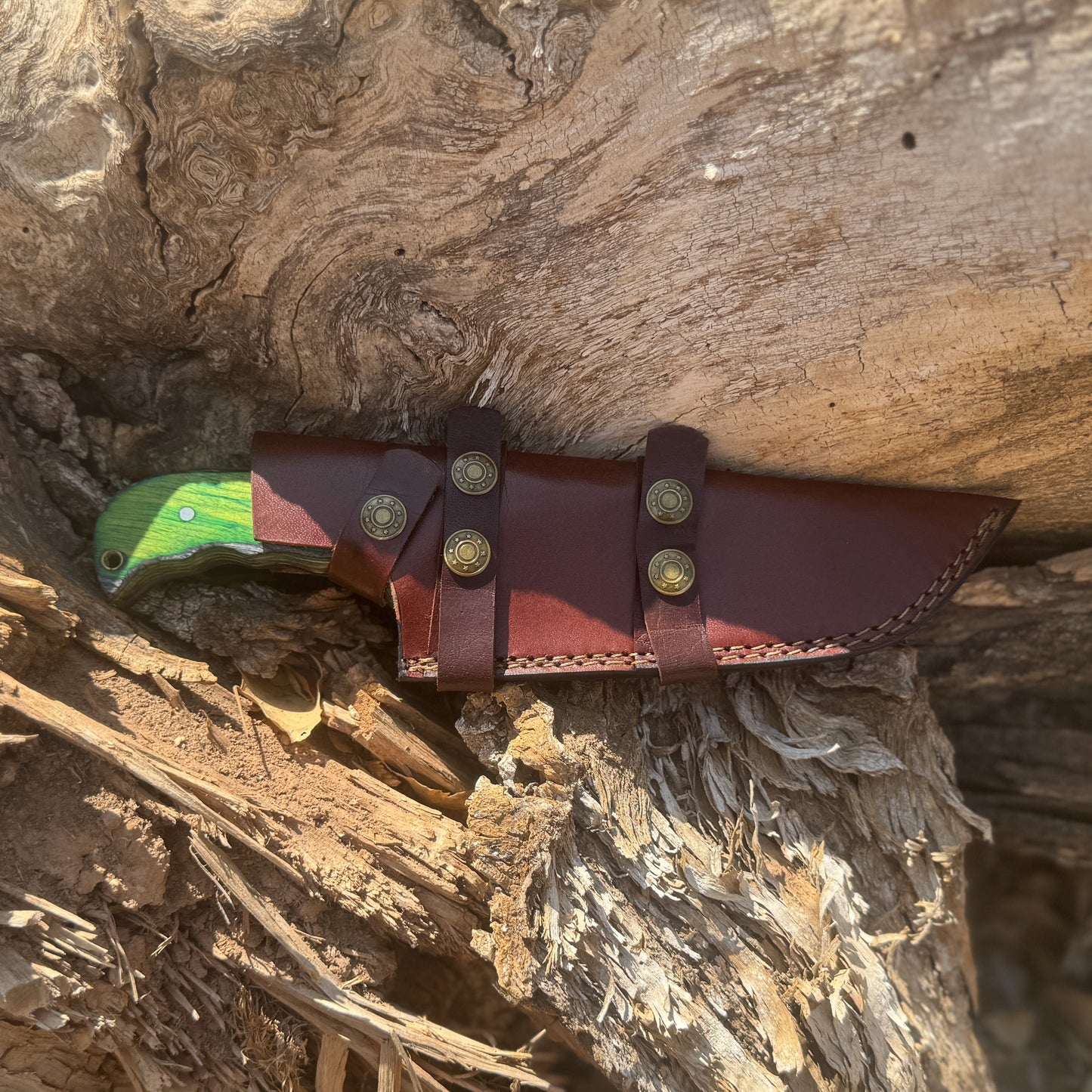 Verdant Tracker – Hand-Forged Survival Knife with Green Wood Handle & Custom Leather Sheath